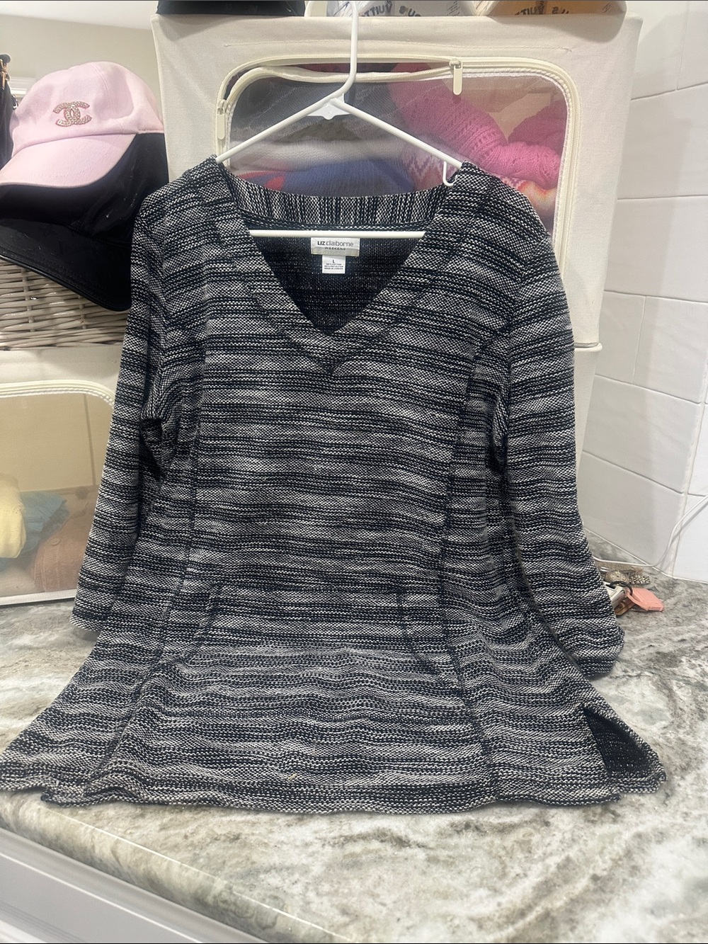 Liz Claiborne Black and Gray Striped V-Neck Long-Sleeve Dress